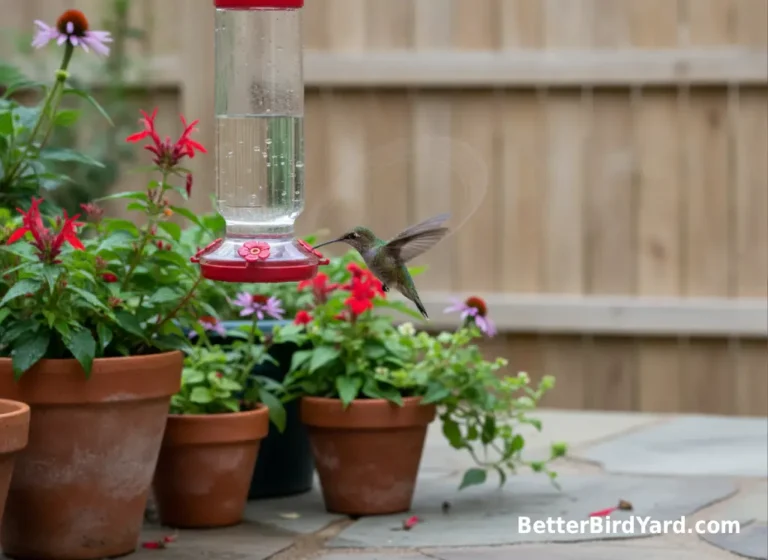 A hummingbird hovers at a nectar feeder with blurred wings in bright backyard light.