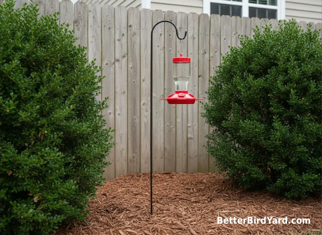 A clean hummingbird feeder hangs near shrubs and away from a window in a small yard.