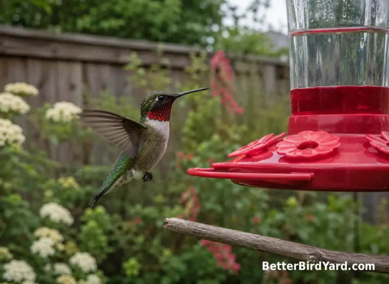 A Ruby-throated Hummingbird hovers near a clean red nectar feeder in a small backyard garden.