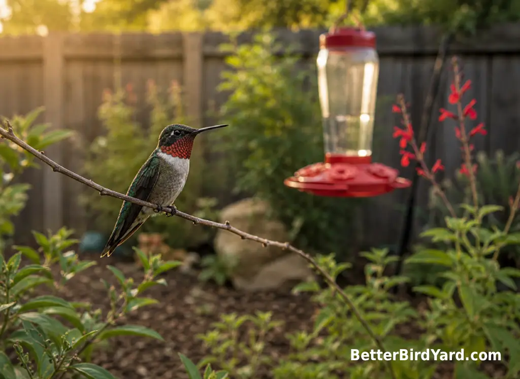 A hummingbird perches on a thin twig near a clean nectar feeder and native flowers.
