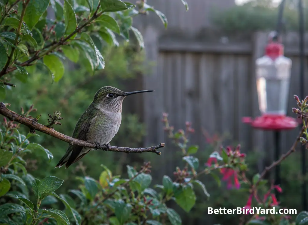 A small hummingbird rests quietly on a sheltered twig in soft dawn light.