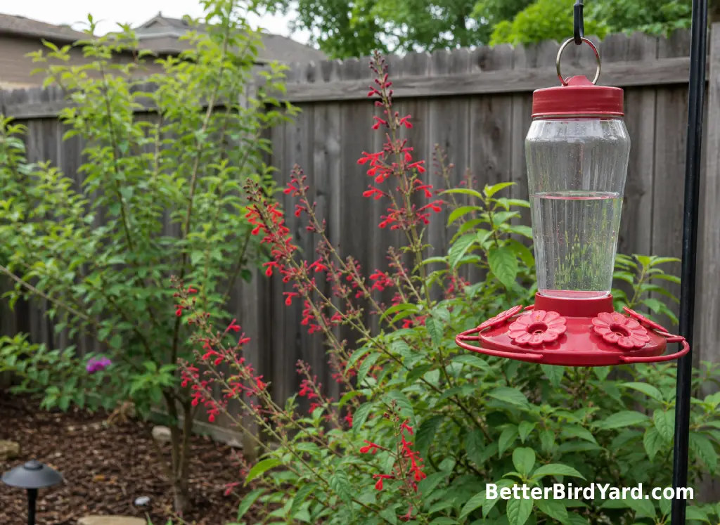 A clean hummingbird feeder hangs near red tubular flowers and a leafy shrub.
