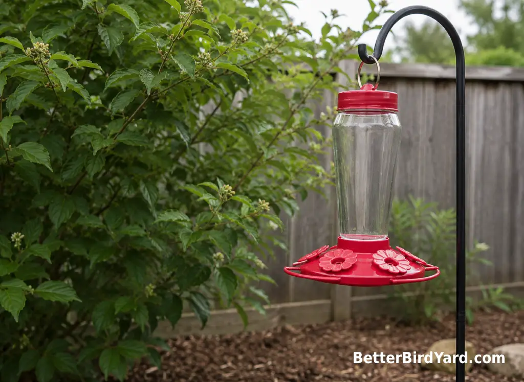 A clean empty hummingbird feeder hangs near a sheltered shrub with no birds present.