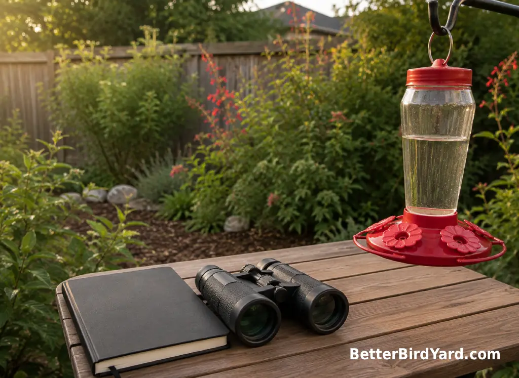 A backyard notebook and binoculars sit near a clean hummingbird feeder on a patio table.