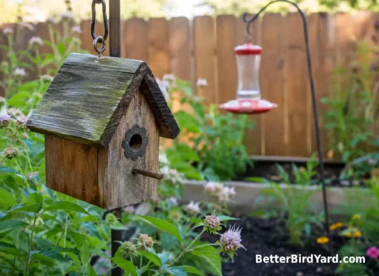 A small decorative wooden hummingbird house hangs unused near flowering native plants on a patio fence.