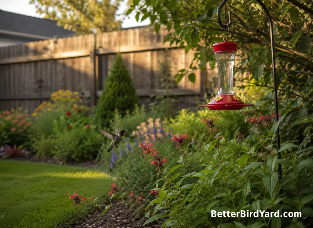 Native flowers and leafy shrubs grow near a clean hummingbird feeder in a small backyard garden.