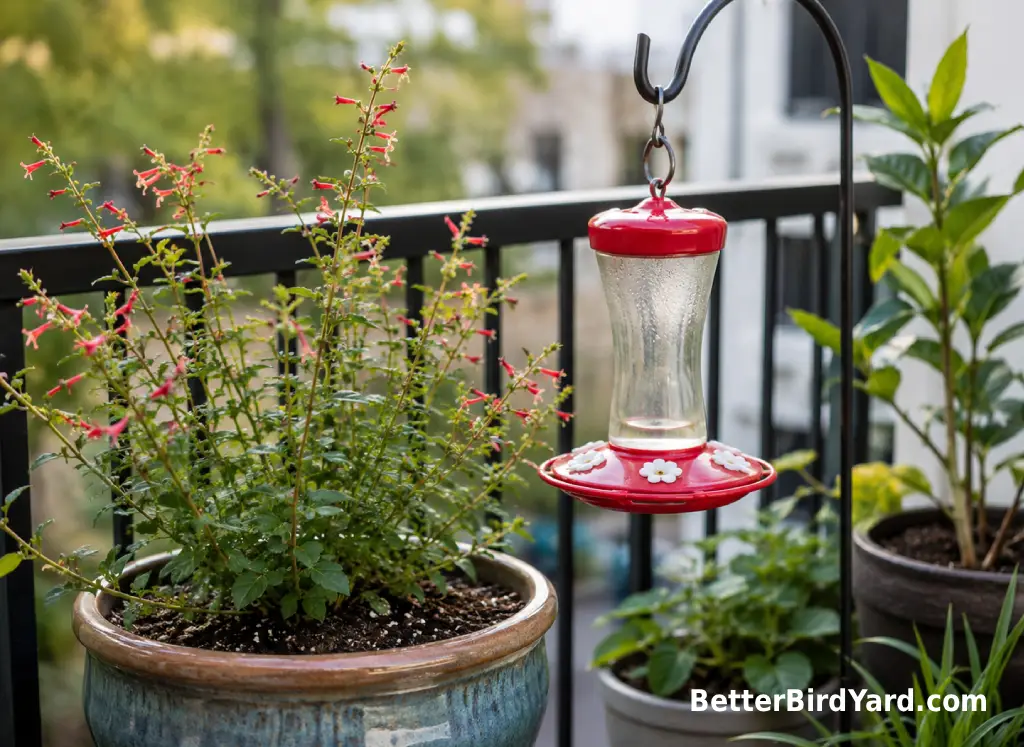 A balcony planter with tubular flowers and a clean hummingbird feeder creates a small-space hummingbird habitat.