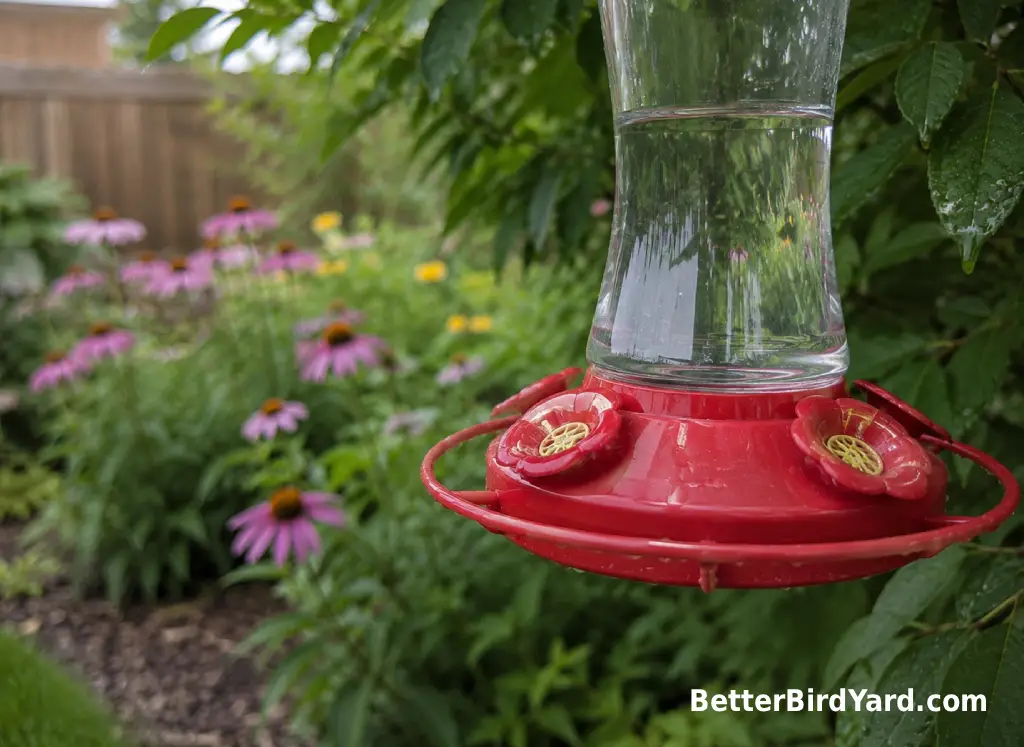 A clean hummingbird feeder with clear nectar hangs in partial shade near backyard flowers.