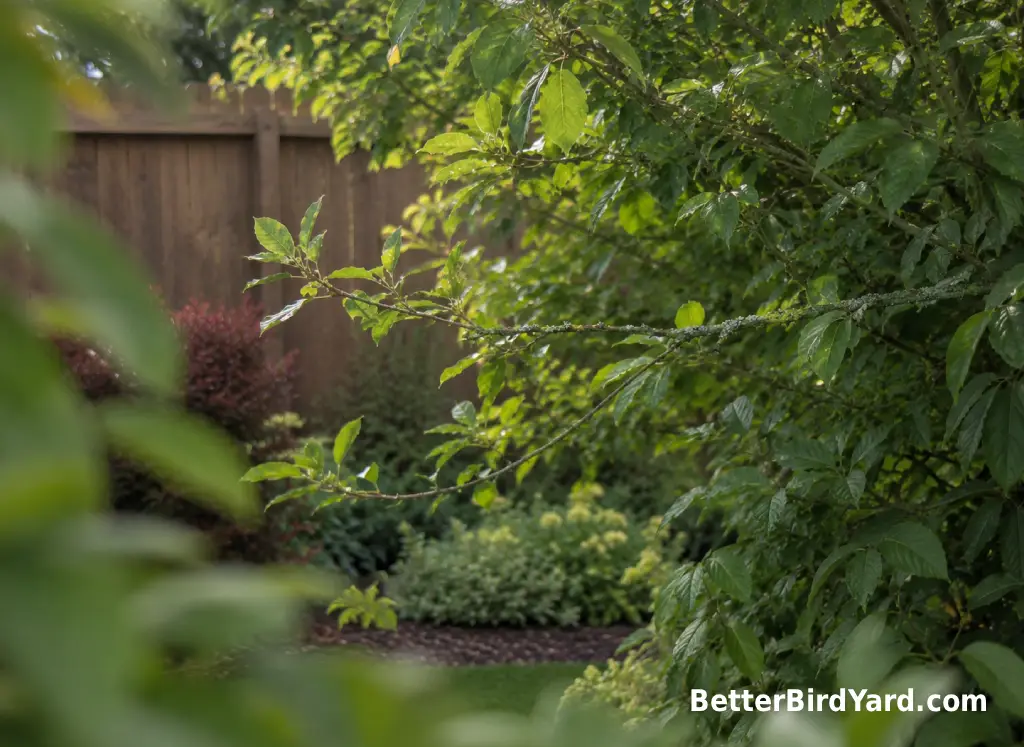 A leafy backyard branch is viewed from a respectful distance without touching or disturbing a possible nest site.