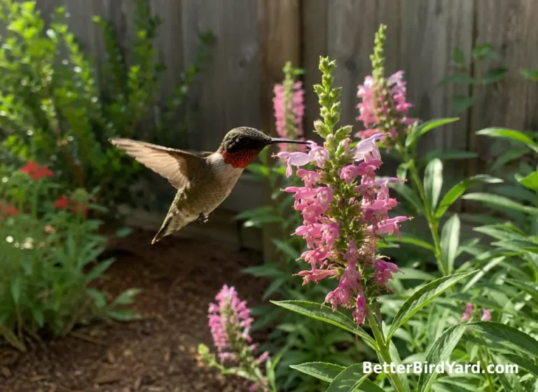 Ruby-throated hummingbird feeding from pink hummingbird mint flowers in a sunny backyard border.