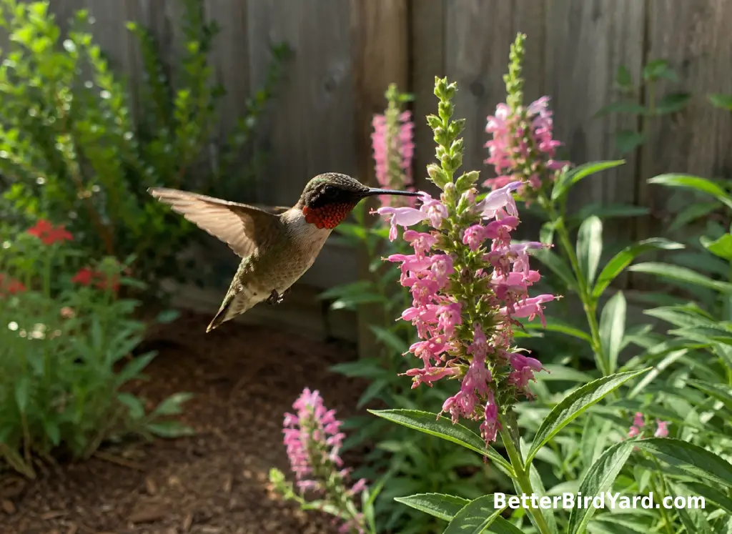 Ruby-throated hummingbird feeding from pink hummingbird mint flowers in a sunny backyard border.