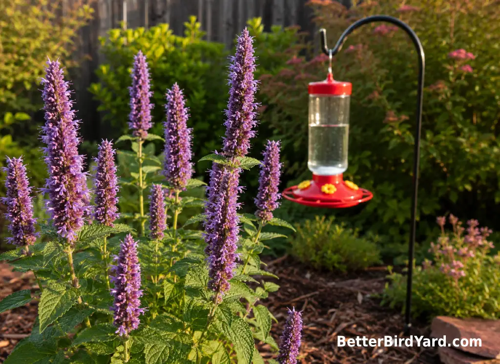 Tall purple Agastache flower spikes blooming beside a clean hummingbird feeder in a small patio garden.