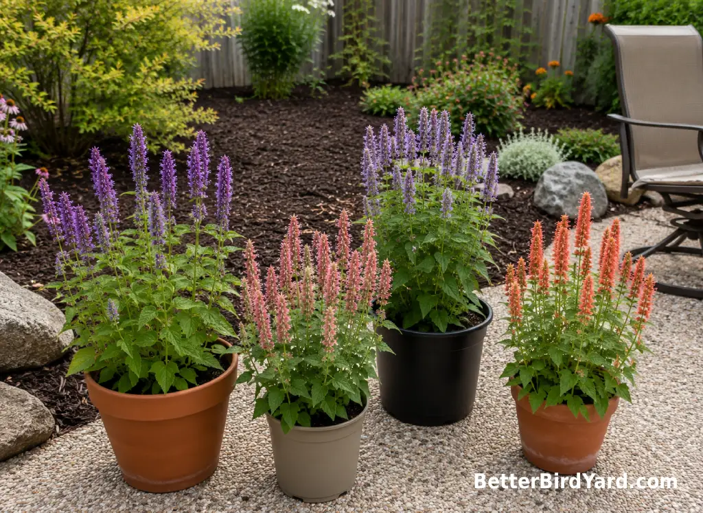 Several pots of hummingbird mint varieties grouped on a sunny patio near a mulched planting bed.