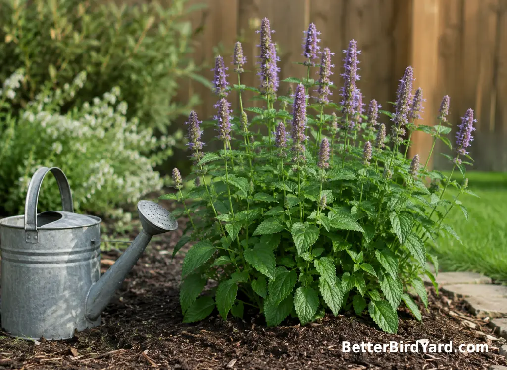 Healthy hummingbird mint growing in well-drained mulch beside a small watering can.