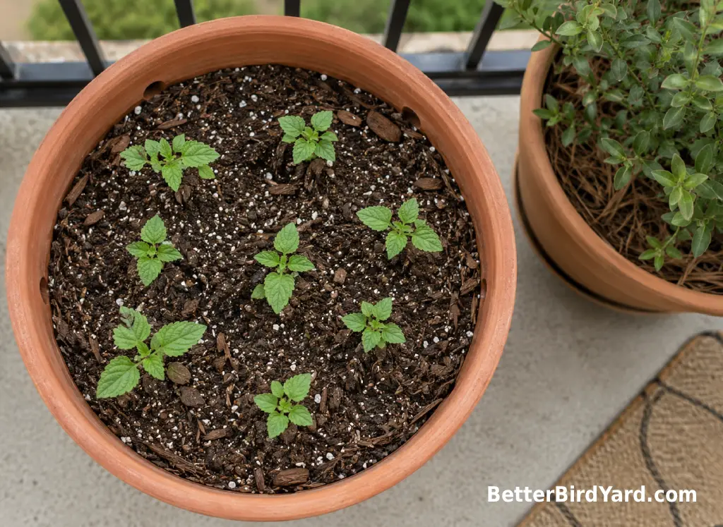 Small hummingbird mint seedlings growing in a patio container near a sunny balcony railing.