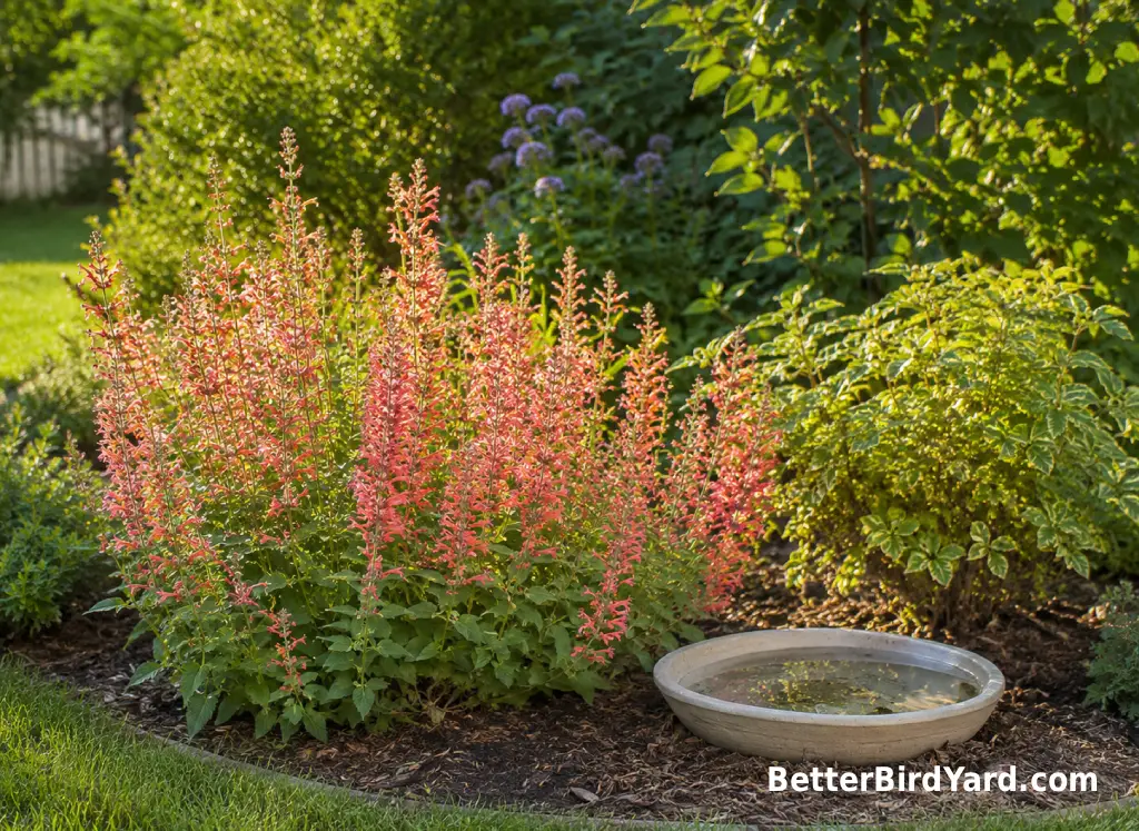 Cluster of coral hummingbird mint flowers planted near shrubs and a small bird bath in a backyard garden.