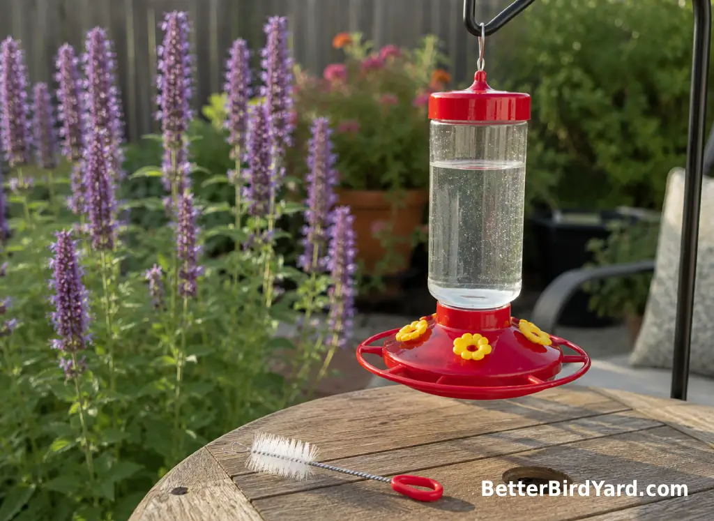 Clean hummingbird feeder hanging near blooming Agastache with a small cleaning brush on a patio table.