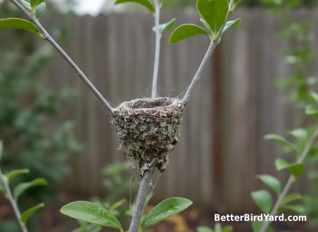A tiny hummingbird nest sits on a slender branch in a leafy backyard shrub.