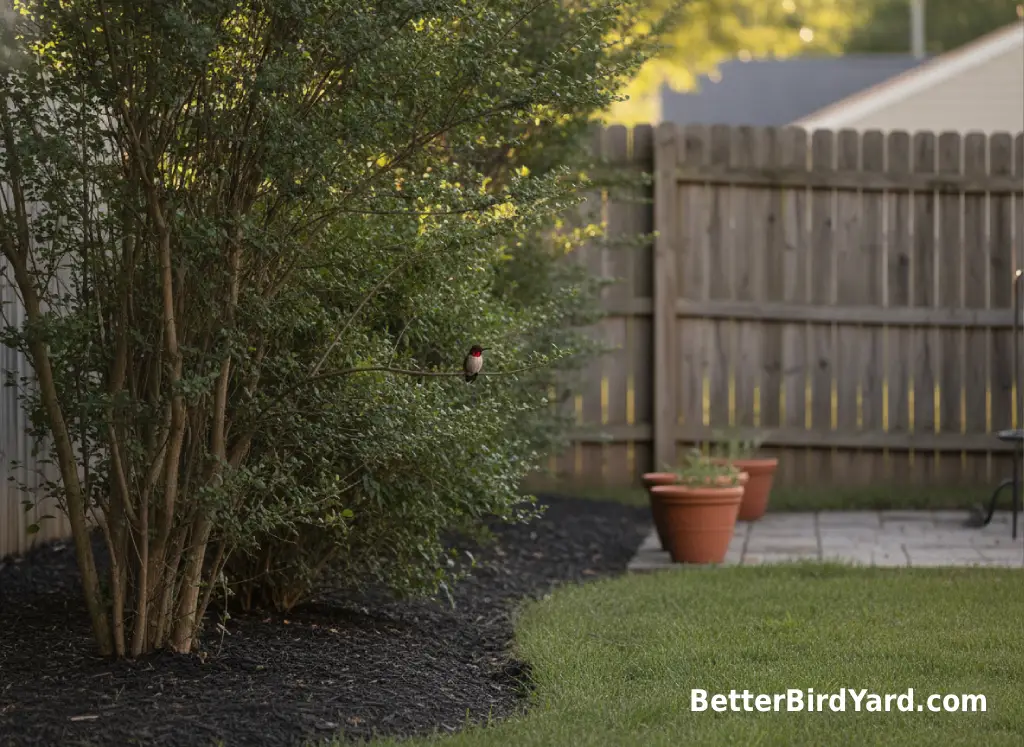A leafy backyard shrub and small tree provide sheltered cover near a patio garden.