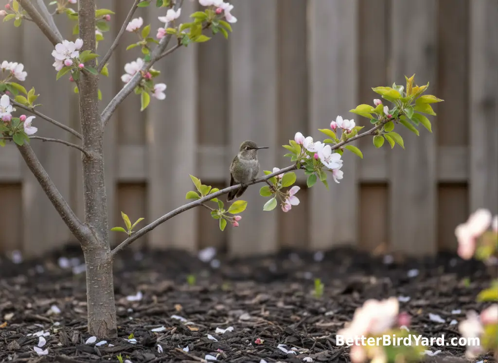 A female hummingbird perches near spring blossoms in a sheltered backyard tree.