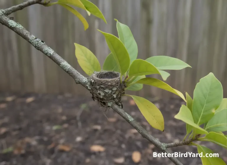 A small hummingbird nest is partly hidden by leaves on a slender branch.