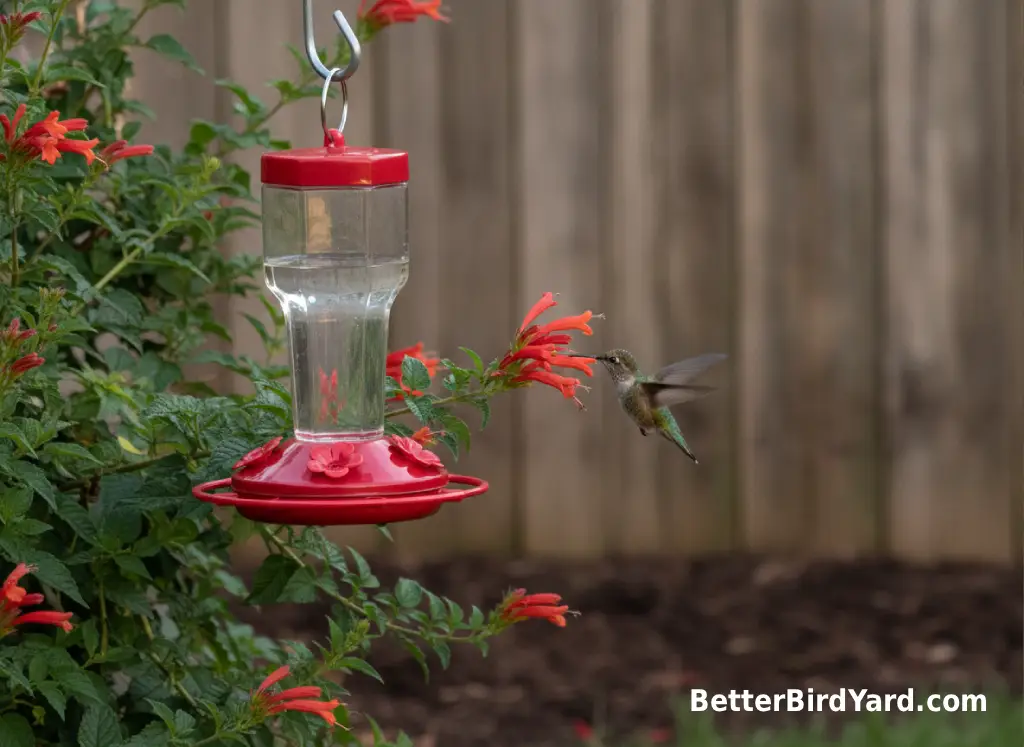 A clean hummingbird feeder hangs near native flowers and shrubs in a small backyard garden.