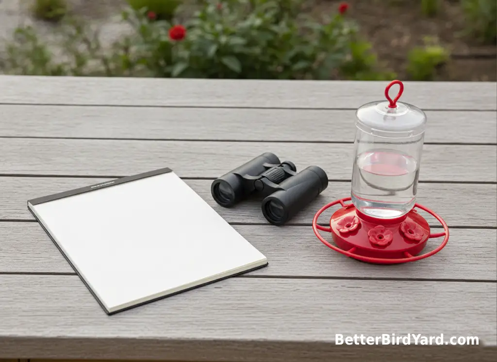 A birding notebook and binoculars sit beside a clean hummingbird feeder on a patio table.