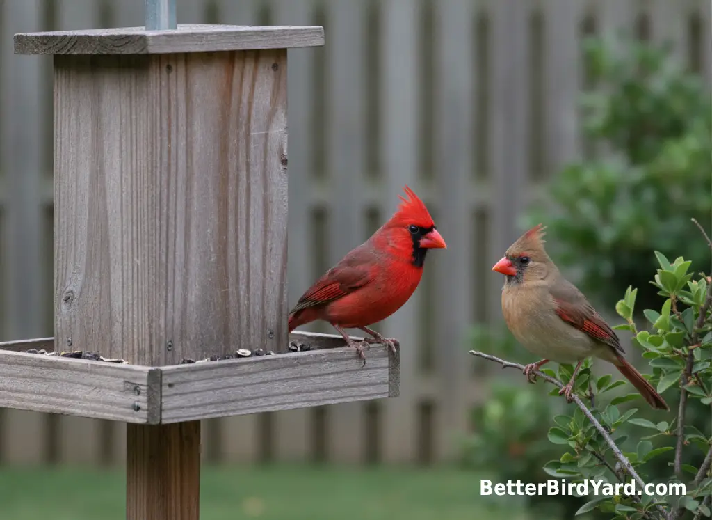 A male and female Northern Cardinal perch beside a backyard hopper feeder.