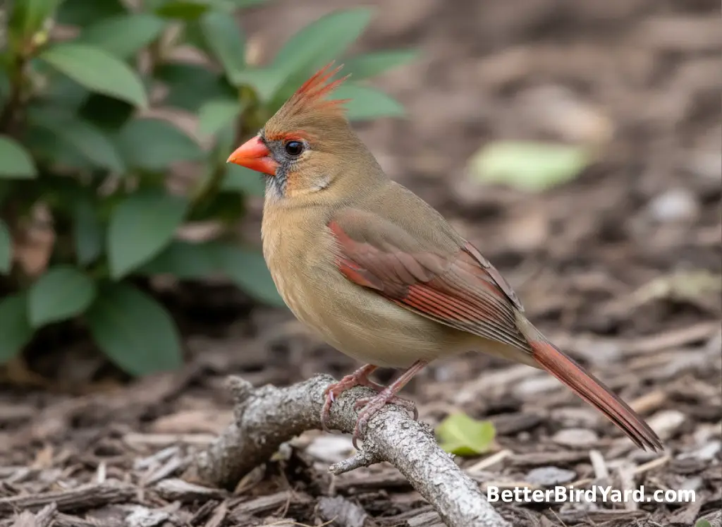 A female Northern Cardinal shows tan-brown feathers and reddish wing edges on a backyard branch.