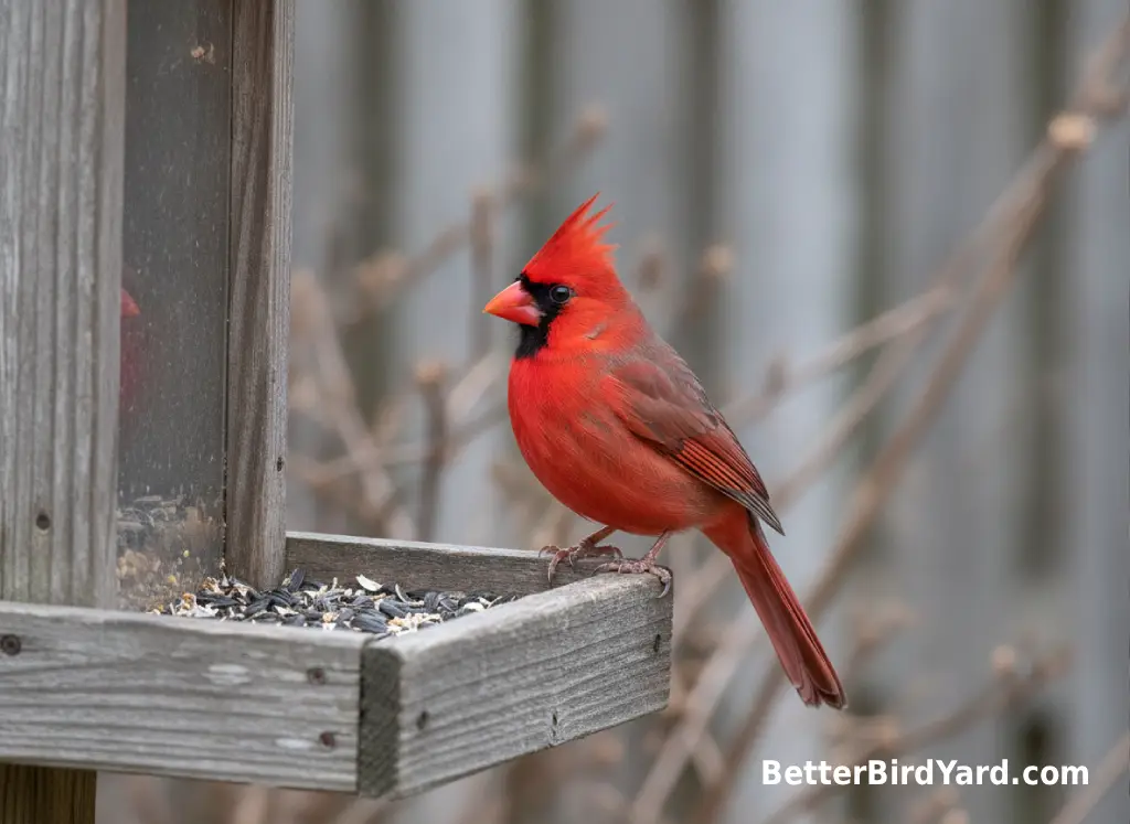 A male Northern Cardinal perches on a backyard hopper feeder in winter light.