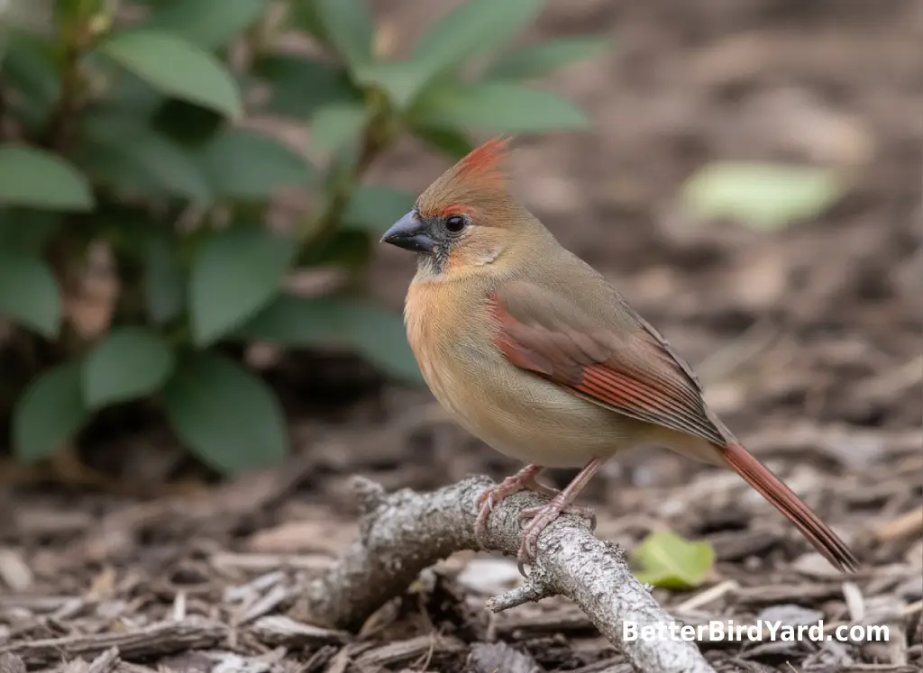 A juvenile Northern Cardinal with a dark bill perches on a low backyard branch.