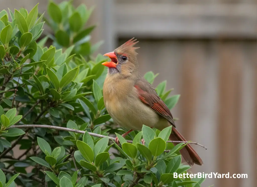 A female Northern Cardinal perches in a shrub with her bill open.