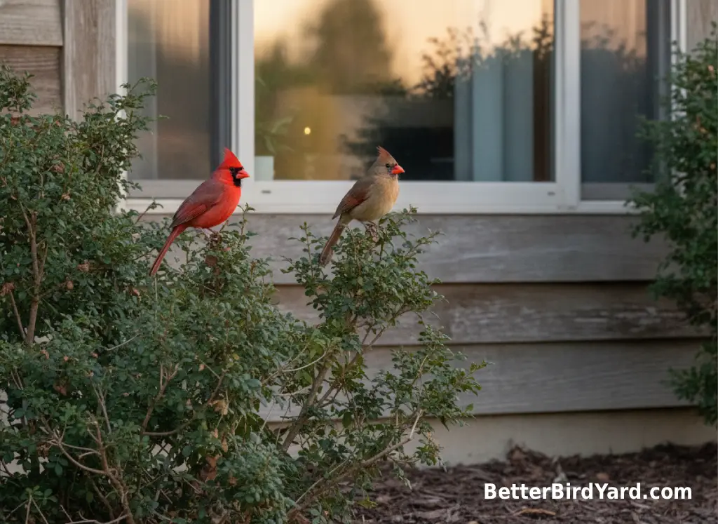 A male and female Northern Cardinal perch near a reflective backyard window.