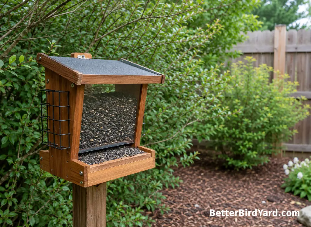 A hopper feeder with sunflower seed stands near dense backyard shrubs.