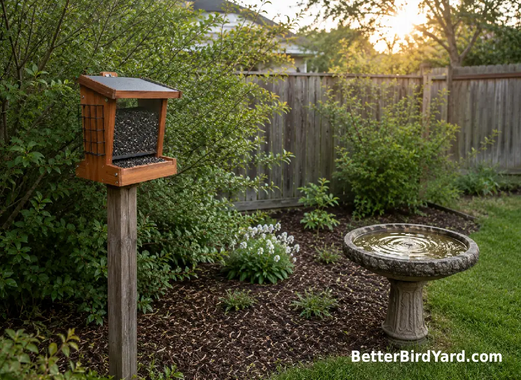 A clean hopper feeder and shallow bird bath sit near backyard shrubs.