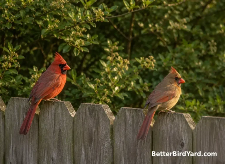 A male and female Northern Cardinal perch together on a backyard fence.