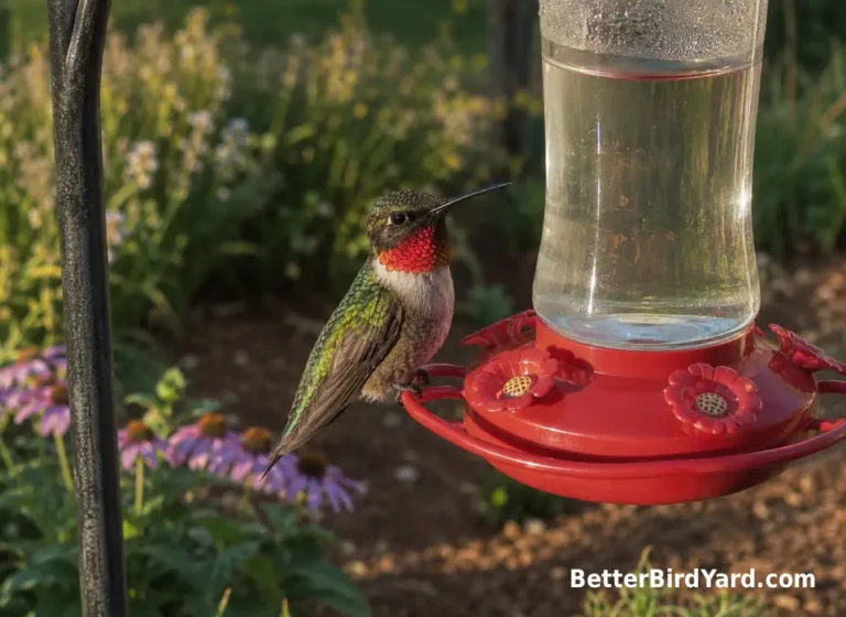 A male Ruby-throated Hummingbird shows a red throat near a patio feeder.