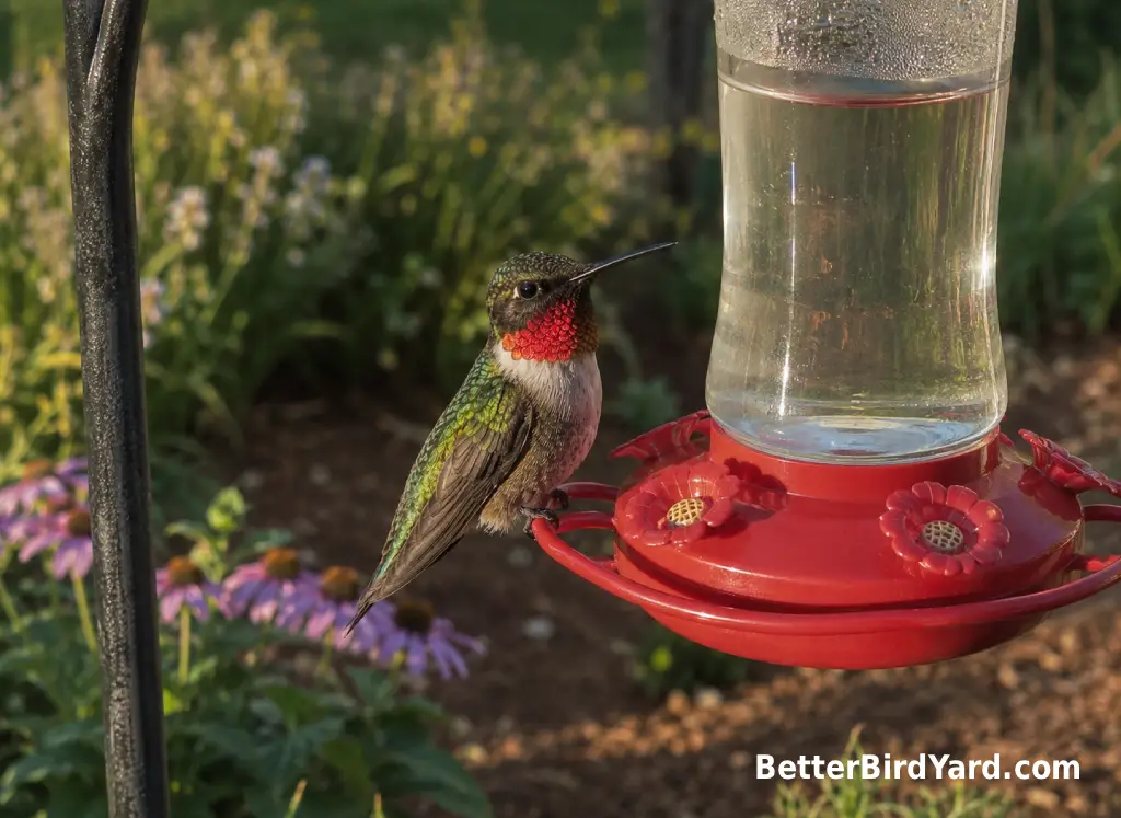 A male Ruby-throated Hummingbird shows a red throat near a patio feeder.