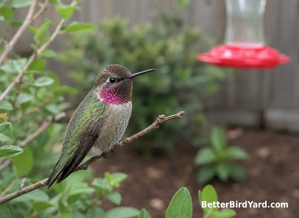 An Anna’s Hummingbird with pink throat feathers perches on a twig near a backyard flower bed.