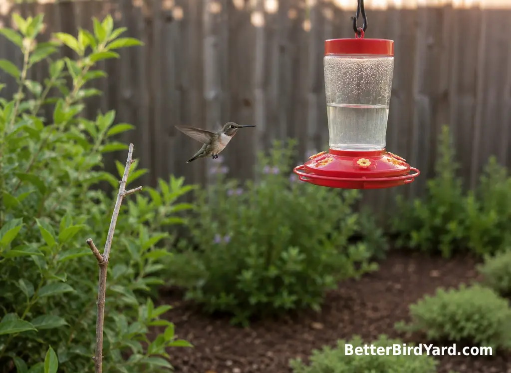 A hummingbird hovers near a clean feeder while another perch is visible in a small backyard garden.