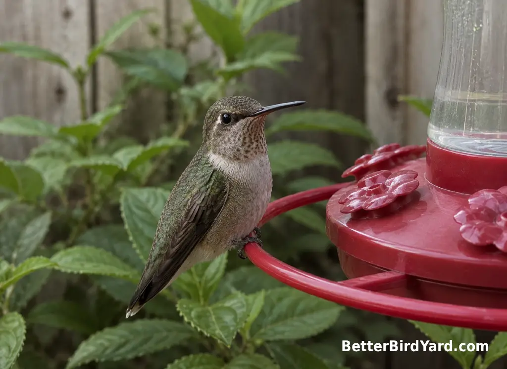 A young hummingbird with a pale throat sits near a clean feeder in soft shade.