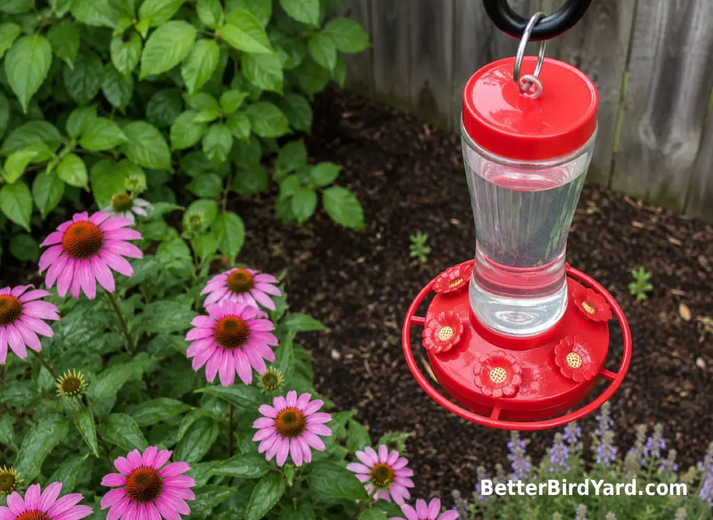 A clean hummingbird feeder hangs near native flowers in a small backyard garden.