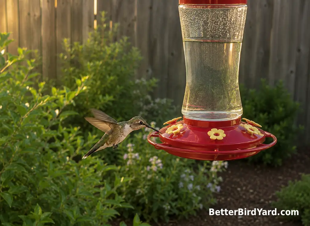 A hummingbird visits a clean backyard feeder beside native green shrubs.
