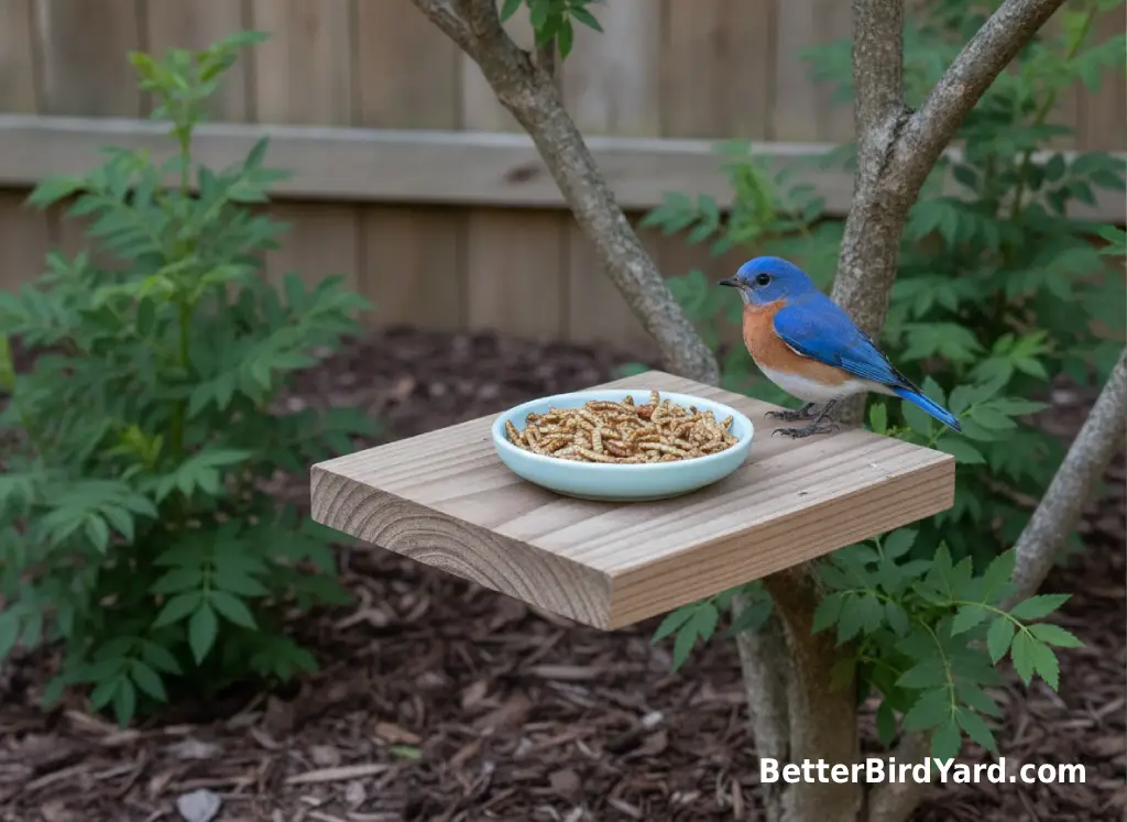 A small dish of dried mealworms sits on a clean platform feeder in a suburban backyard.