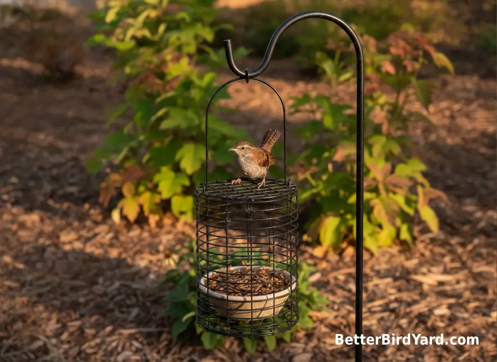 A caged mealworm feeder with a small dish hangs near shrubs in a backyard.