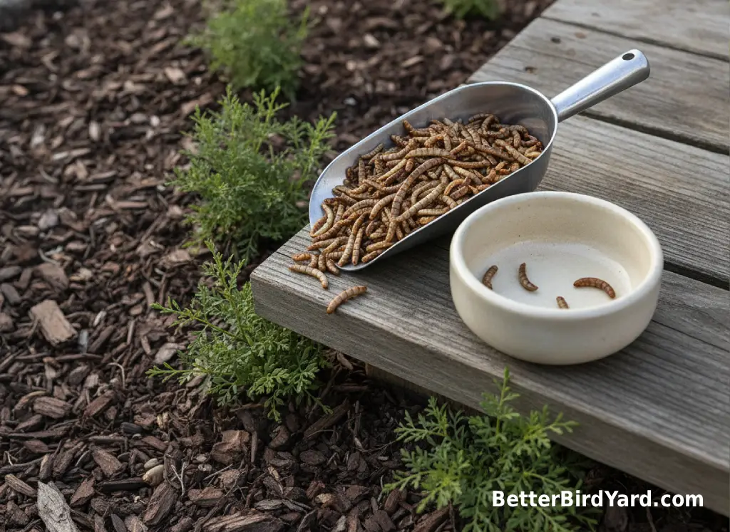 A small measured scoop of dried mealworms is being poured into a clean feeder cup.