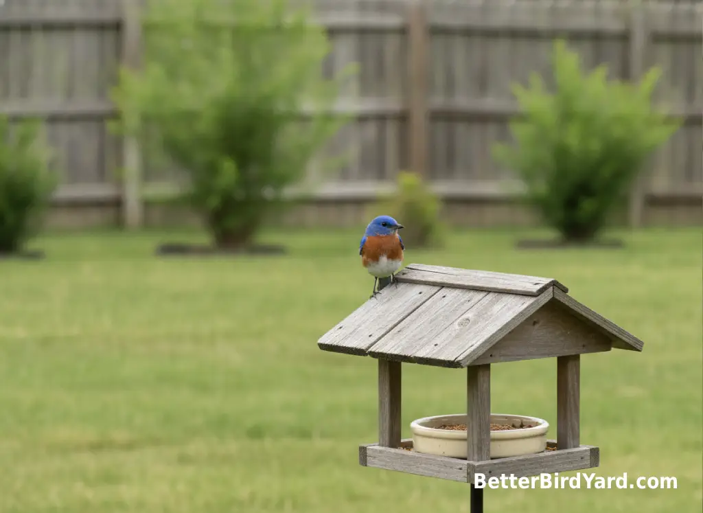 An Eastern Bluebird perches beside a small mealworm feeder in an open backyard.