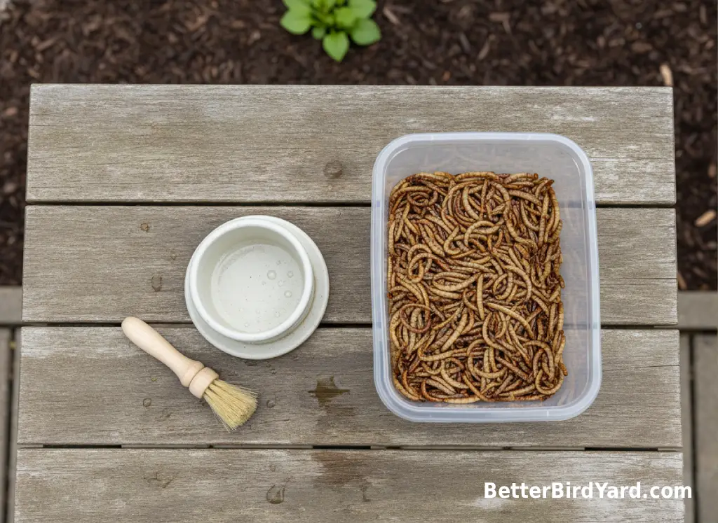 A clean mealworm feeder cup, brush, and dry storage container sit on a backyard table.