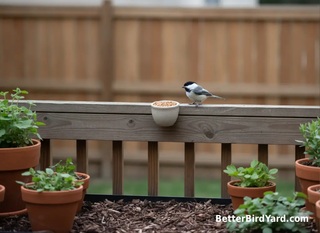 A small patio mealworm feeder sits near potted native plants and a simple fence.