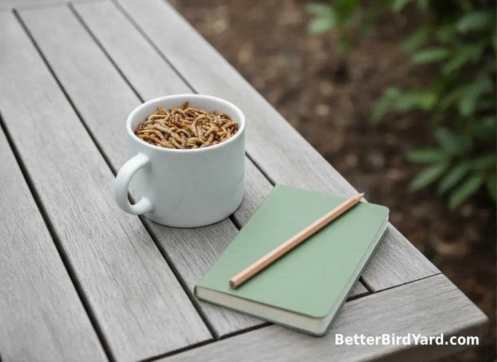 A clean mealworm feeder cup sits beside a small field notebook on a backyard table.